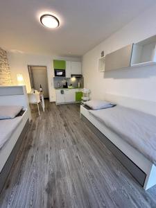 Habitación grande con 2 camas y cocina. en Apartment Kompakt 24/7, en Kassel