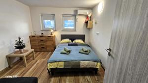 een slaapkamer met een bed met 2 kussens erop bij Apartmaji STARS in Mavčiče