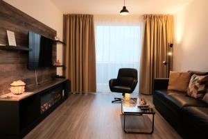 un soggiorno con un divano e una sedia di BrasoVista - PAJ Premium Apartments in URBAN Plaza a Braşov