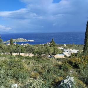 a view of the ocean from a hill with trees at Sea View Land for Rent in Agios Nikolaos