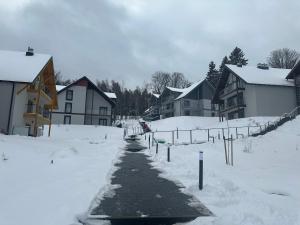 pokryta śniegiem ulica z budynkami i domami w obiekcie Apartamenty Czarne Owce w Szklarskiej Porębie