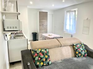 Una sala de estar con un sofá y una cocina. en La Sérénade Numéro 5, en Montreuil