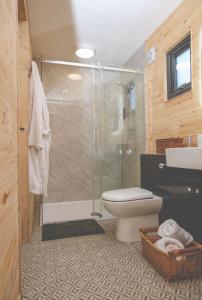 a bathroom with a shower and a toilet and a sink at Edgmond Lodges - Scropton in Hilton