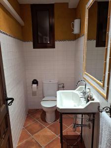 y baño con aseo y lavamanos. en Casa Rural LA BODEGA, ofrece cata de vino gratis, en Horche