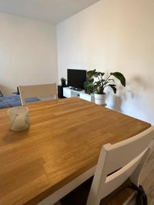 una gran mesa de madera en una habitación con plantas en Living Lu - cosy Apartment two - Netflix - Mannheim - BASF - 2 Zimmer, en Ludwigshafen am Rhein