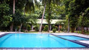 a large blue swimming pool with trees in the background at The Mastodon Valley Safari Resort in Udawalawe