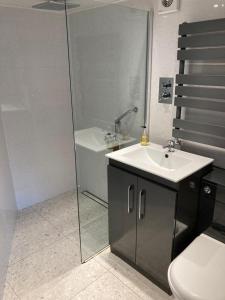 a bathroom with a sink and a shower and a toilet at The Bolt Hole - Looe. in Looe +7 photos