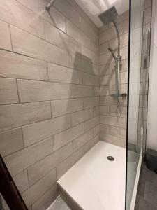 a shower with a glass door in a bathroom at L'appartement charmant in Beynost