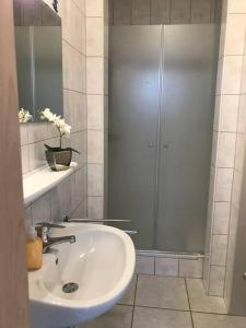 a bathroom with a sink and a shower at FeWo Malum, Sonniges Apartment direkt an der Ostsee in Zierow