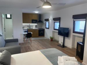 a living room with a bed and a kitchen at APARTAMENTO RURAL LA CANDELARIA in Elche de la Sierra