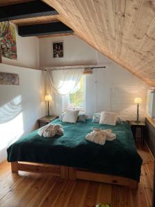 a bedroom with a large green bed with two pillows at Bonaluti in Mirsk +86 photos