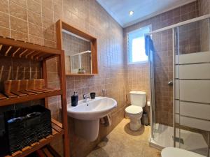 une salle de bain avec un lavabo, des toilettes et une douche dans l'établissement Apartamento Polvora, junto al Puente Romano, à Cordoue 9 autres photos