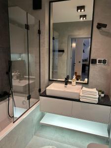 y baño con lavabo, ducha y espejo. en Luxury Apartments Słupsk, en Słupsk