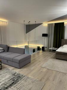 sala de estar con sofá y cama en Luxury Apartments Słupsk en Słupsk