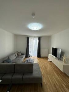 sala de estar con sofá y TV de pantalla plana en Gemütliche 2- Zimmer Apartment Nähe Neu Donau, en Viena