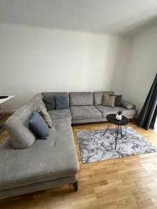 ein Wohnzimmer mit einem Sofa und einem Tisch in der Unterkunft Gemütliche 2- Zimmer Apartment Nähe Neu Donau in Wien