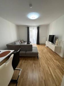 ein Wohnzimmer mit einem Sofa und einem TV in der Unterkunft Gemütliche 2- Zimmer Apartment Nähe Neu Donau in Wien