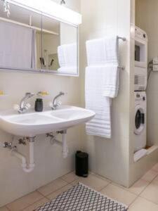 een badkamer met een wastafel en een wasmachine bij Central Alpine Apartment-Davos in Davos