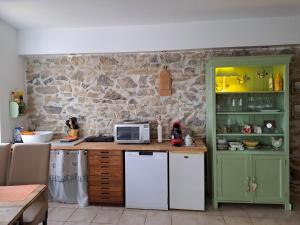 a kitchen with green cabinets and a counter with a microwave at La maisonnette avec SPA, PISCINE et CLIMATISATION in Sainte-Vallière