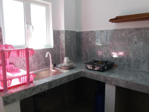 a kitchen with a pink sink and a window at Villa Four Seasons in Mirissa