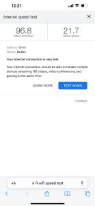 a screenshot of the internet speed test webpage at Upstairs Studio - Private kitchenette and Small en-suite in Dublin