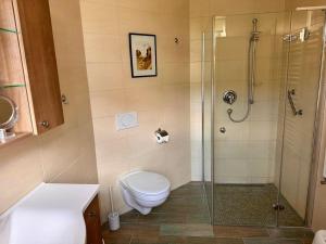 a bathroom with a toilet and a glass shower at Ferienwohnung Seerose in Sassnitz