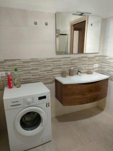 ein Badezimmer mit einer Waschmaschine und einem Waschbecken in der Unterkunft Corte del Sole in Valeggio sul Mincio
