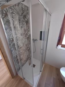 y baño con ducha y puerta de cristal. en Apartmaji Tanto Malovše, en Črniče