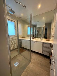 uma casa de banho com um chuveiro e 2 lavatórios em Évasion Boisée à 2 pas des JO et de Paris em Joinville-le-Pont