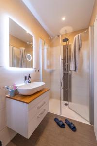 a bathroom with a sink and a shower at Ferienhaus Zum Kuckuck, Wng 2, Urlaub im Eichsfeld in Kallmerode