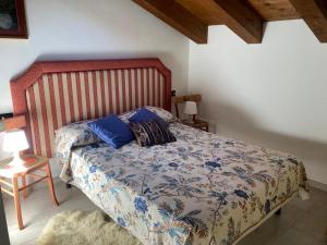 a bedroom with a bed with blue pillows on it at Chez Lilli - Mountain Experience in Charvensod