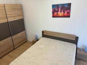 1 dormitorio con 1 cama y una pintura en la pared en Apartament luminos, en Voluntari