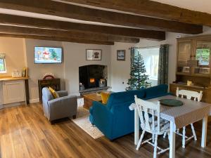 a living room with a blue couch and a christmas tree at The Cottage at Sychnant Farm in Talgarth