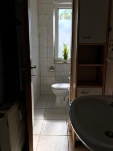 baño con aseo y lavabo y ventana en FeWo Malum, Sonniges Apartment direkt an der Ostsee, en Zierow