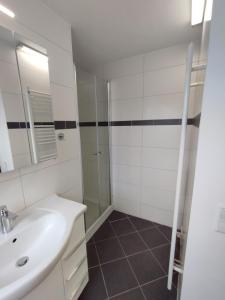 a white bathroom with a sink and a shower at Ferienwohnung Schmidt in Schüttorf