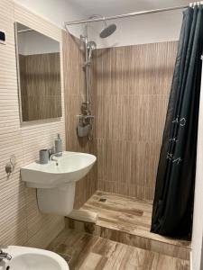 a bathroom with a sink and a shower at La Turcu in Văliug