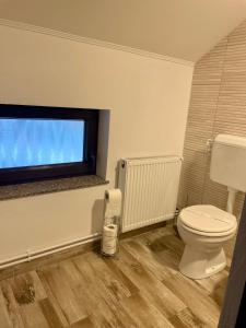 a bathroom with a toilet and a tv on the wall at La Turcu in Văliug