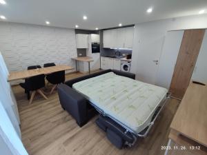 Zimmer mit einem Bett und einem Tisch sowie einer Küche in der Unterkunft Apartment Feldkirch in Feldkirch