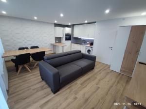 un soggiorno con un divano nero e un tavolo di Apartment Feldkirch a Feldkirch