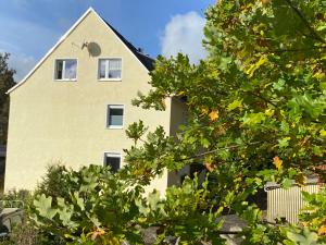 uma casa amarela com duas janelas e uma árvore em Ferienwohnungen an der Schlösselmühle em Amtsberg