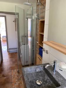 a bathroom with a sink and a glass shower at Ferienwohnungen an der Schlösselmühle in Amtsberg