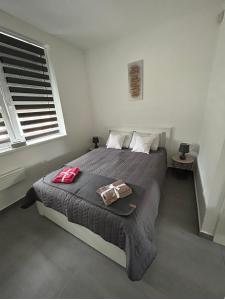 um quarto com uma cama com dois sacos em Jana Apartman em Mezőkövesd