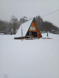 un hombre parado frente a una casa en la nieve en Čivova brvnara, en Rudnik