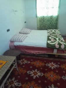 a bedroom with a bed and a window and a rug at Auberge chez hammadi in Zagora