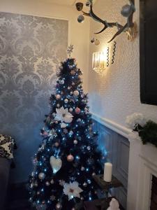 The Melville Hotel - Central Location في بلاكبول: شجرة عيد الميلاد في غرفة المعيشة مع الأضواء الزرقاء