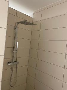 a shower with a shower head in a bathroom at Komfort Deluxe am Airport Weeze in Weeze