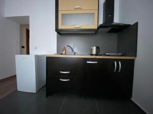 a kitchen with a sink and a refrigerator at Elti Apartment in Sarandë