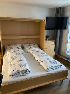 ein Bett mit zwei Kissen und einem TV in einem Zimmer in der Unterkunft FeWo Waldsee mit Pool und Sauna inklusive in Sankt Englmar