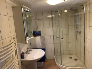 a bathroom with a shower and a sink and a tub at Ferienwohnung Röder in Osterode