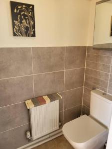 a bathroom with a white toilet and a radiator at Aquavista Penthouse in Wyke Regis
